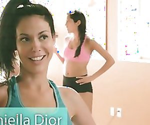 Big boobs instructor and two brunettes yoga while naked