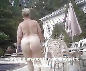 BBW Wife Beth Walking Naked to Pool on Hidden Cam